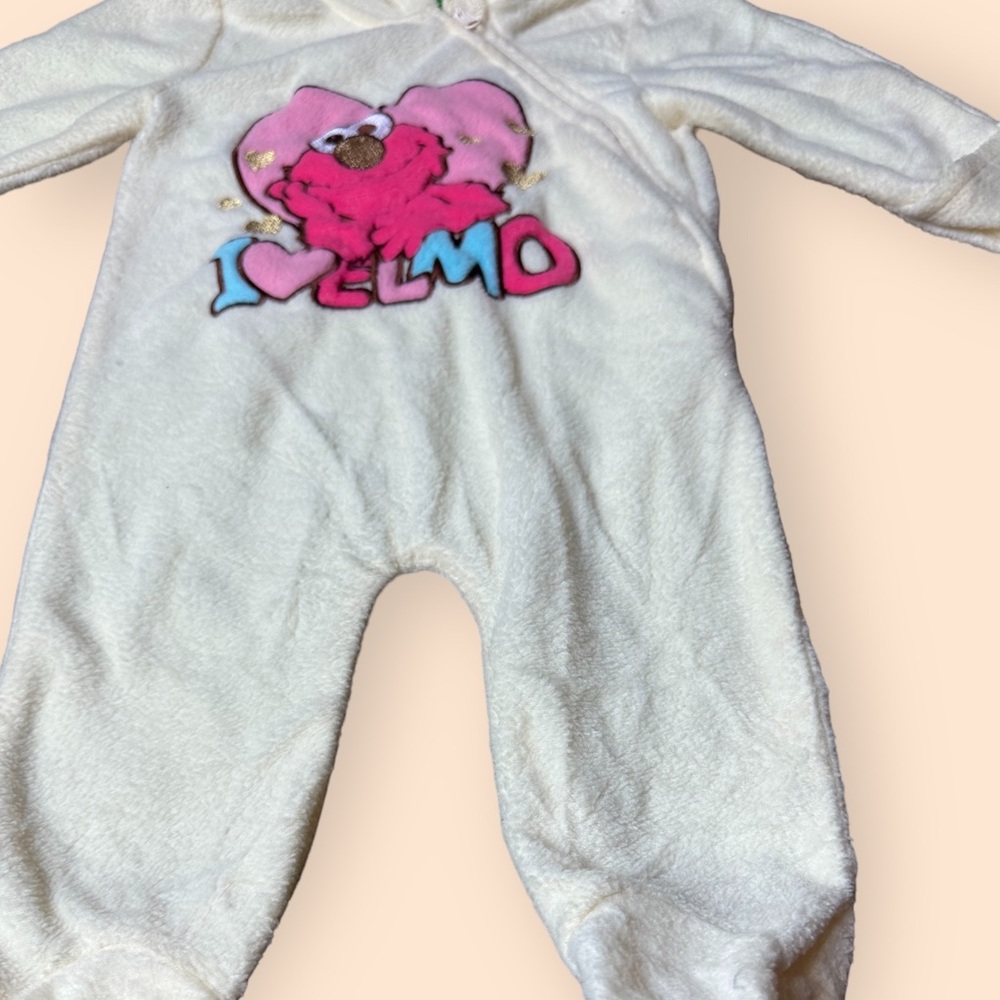 Baby Sesame Street I Love Elmo Cream Fleece Footie One Piece W/Hood Sz 3-6 Mon - Picture 5 of 9